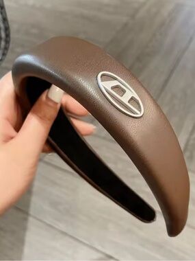 New designer inspired Leather-Look Brown Padded Headband with Oval Metal Accent